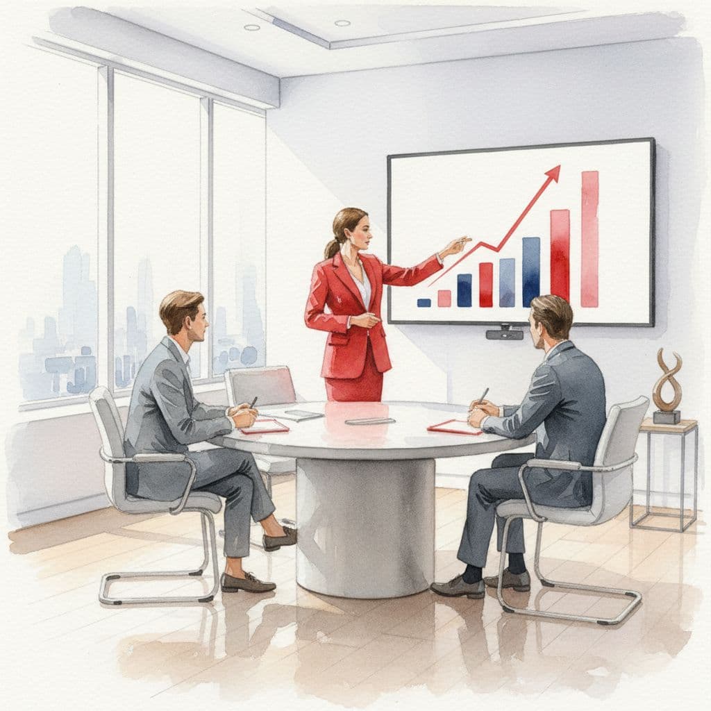 A professional stands pointing at a digital chart displayed on a bright office wall. The watercolor aesthetic features soft red accents against a minimalist interior, capturing a calm, collaborative atmosphere.