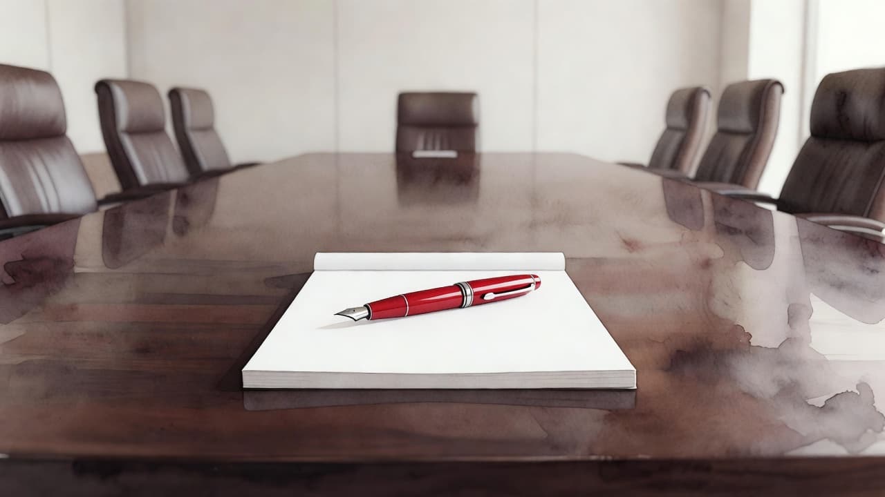A refined red fountain pen rests centrally upon a stark white notepad atop a dark wooden boardroom table. The artistic watercolor aesthetic features soft, visible brush strokes against a minimalist background.