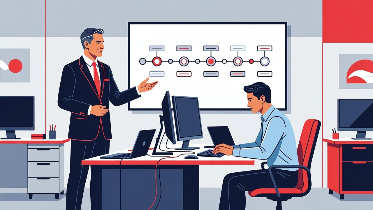 A seasoned mentor gestures toward a screen displaying a roadmap for a young professional sitting at a desk. The vector art uses clean shapes and bold red accents to highlight collaboration.