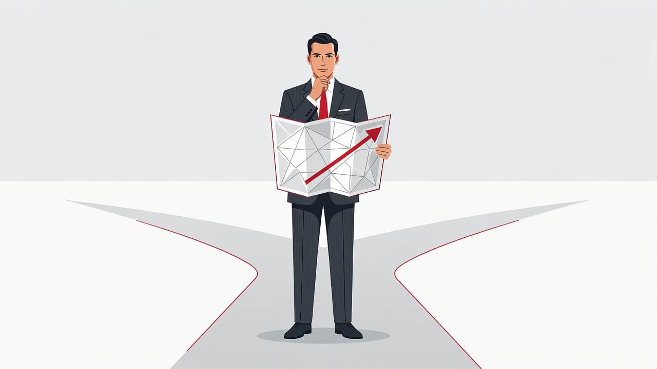 A professional figure stands at a fork in the road studying a simplified map to determine their route. Bold red geometric accents highlight the journey against a clean minimalist backdrop.