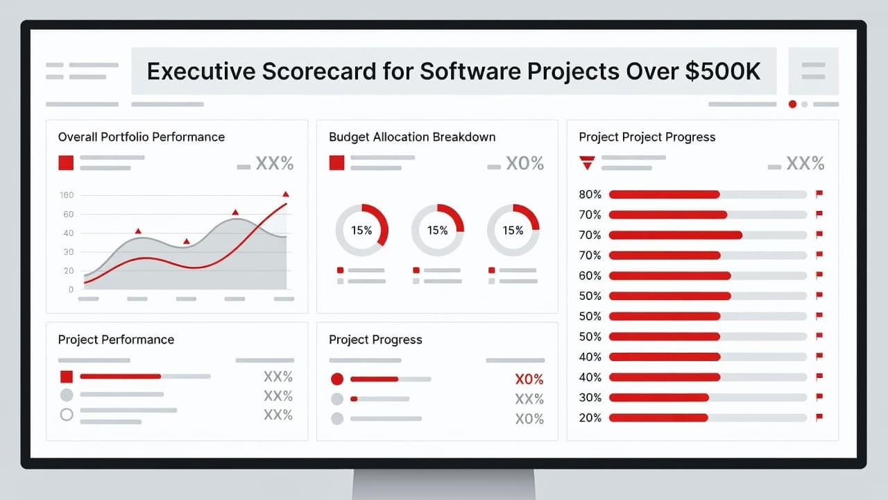 A sleek digital display showcases project progress through clean geometric bar charts and key metric indicators. Vivid red accent colors highlight critical performance data against a professional, minimalist gray background interface.