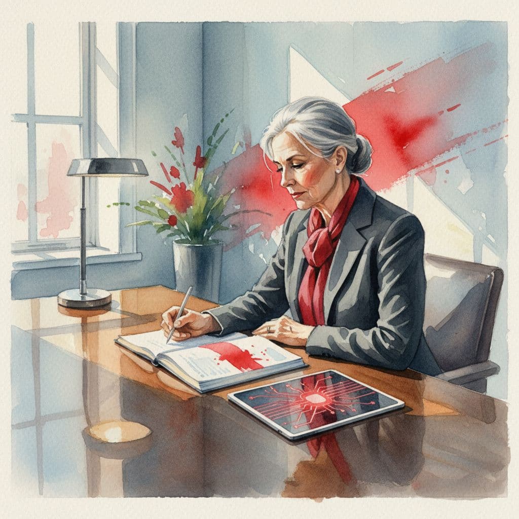 A watercolor portrait captures an elderly executive sitting at a desk with a leather notebook. Visible brush textures define the scene, highlighted by a striking red accent across the office background.