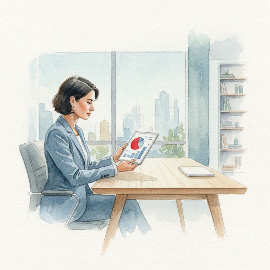 A professional executive sits at a clean desk, studying a tablet display featuring abstract performance charts. The watercolor artwork emphasizes bold red accents against a serene, softly blended modern office setting.