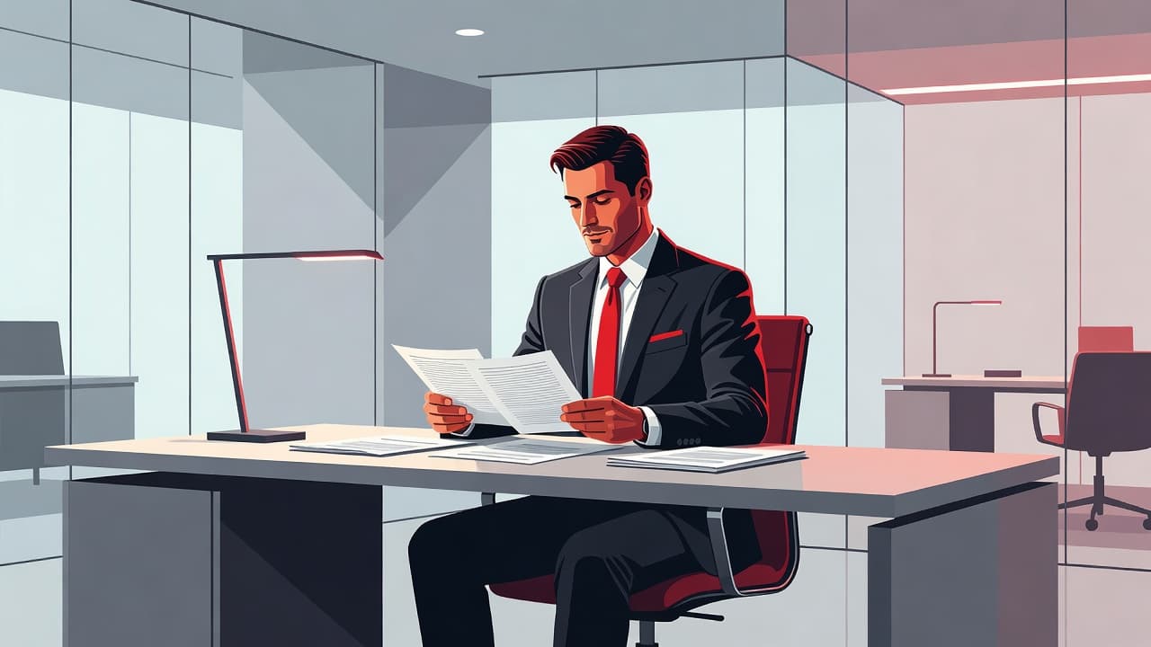 A calm executive in a professional office sits at a minimalist desk, carefully reviewing documentation. Sharp geometric shapes and vibrant red accents highlight the focused atmosphere of regaining business control.