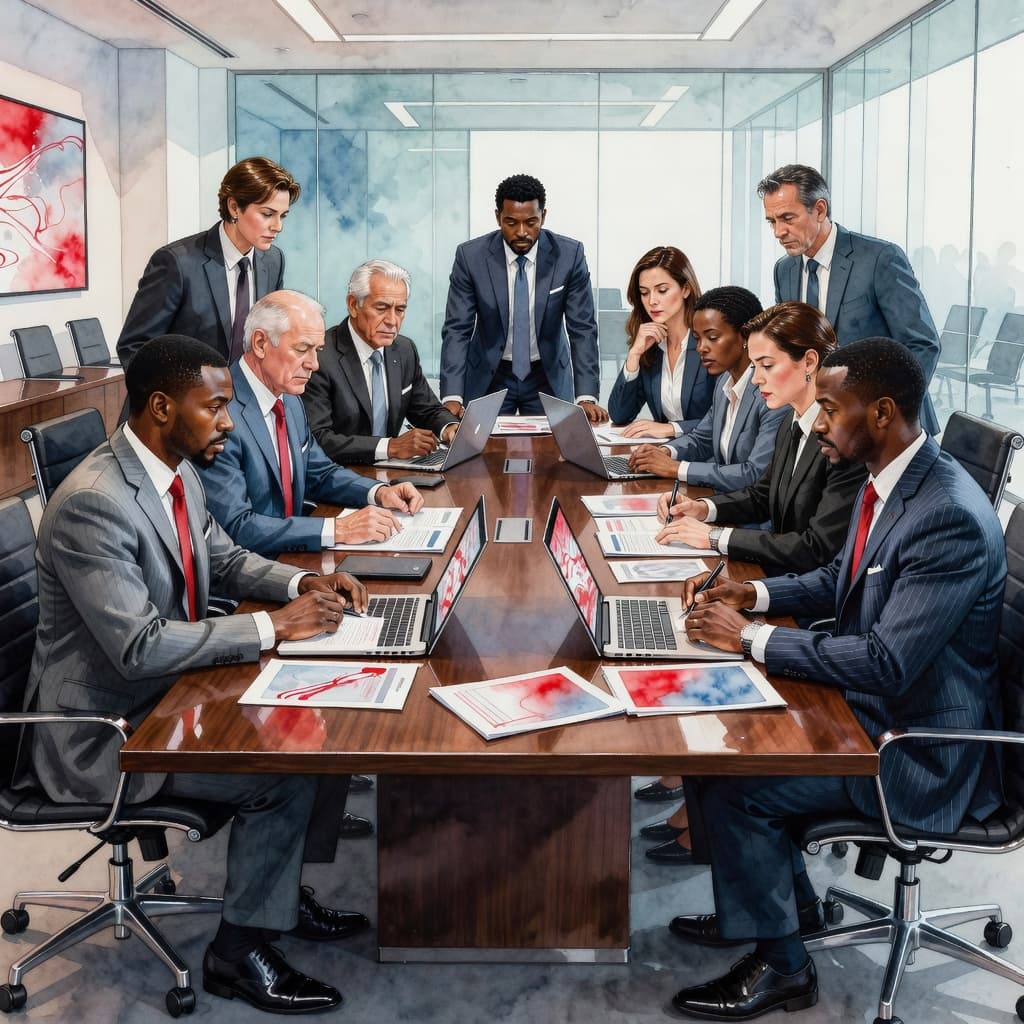 A group of focused executives sits around a polished conference table reviewing documents and screens. The watercolor style features soft brushwork and striking red interior accents that highlight their intense concentration.