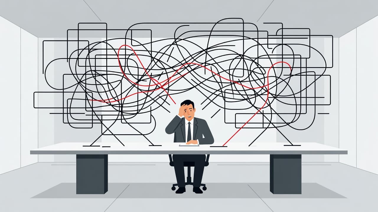 An executive sits at a long table overwhelmed by a chaotic web of tangled red lines representing complex digital processes. Geometric shapes and minimalist furniture frame this scene of corporate misalignment.