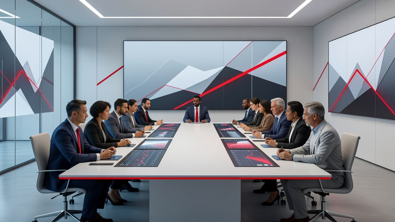Diverse board members sit around a minimalist meeting table viewing digital screens. Abstract charts and subtle geometric patterns decorate the background walls, featuring a bold, saturated red accent throughout the room.