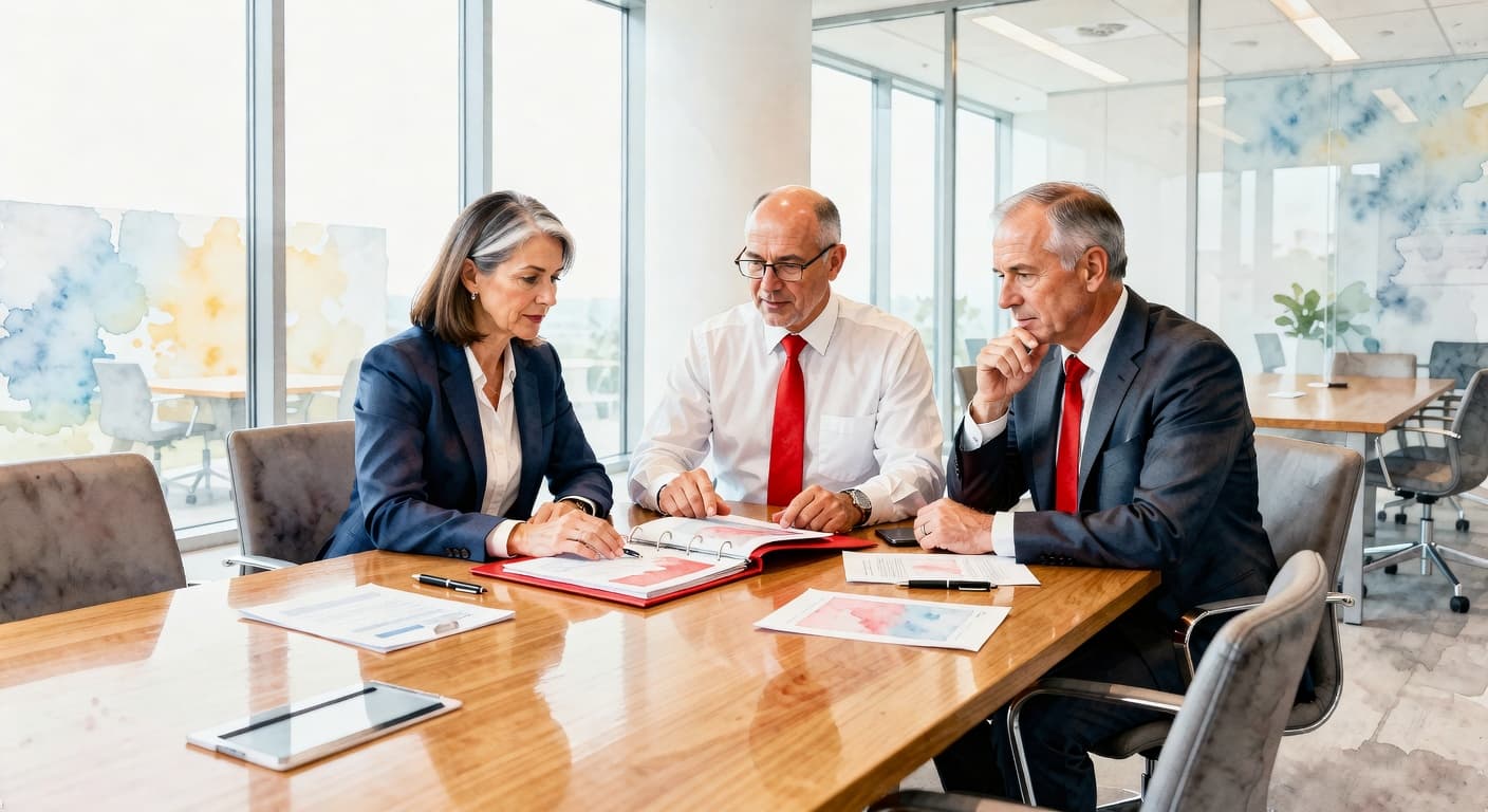 Three senior executives lean over a wooden table to examine a detailed report. A bold red accent color contrasts with the soft watercolor brush textures of the modern office setting.