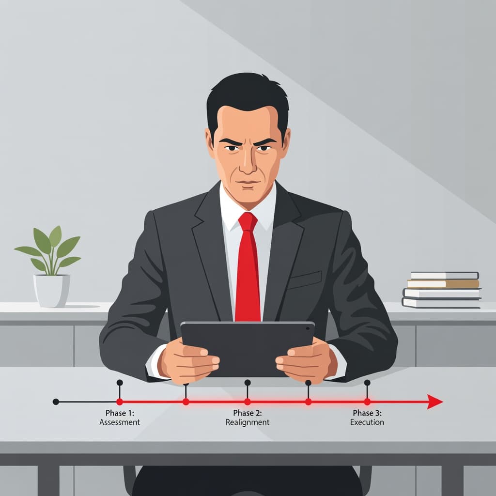 A focused leader reviews a digital roadmap on a sleek tablet within a minimalist office. Bold red accents highlight the structure, emphasizing clarity and direction amidst a calm, professional environment.