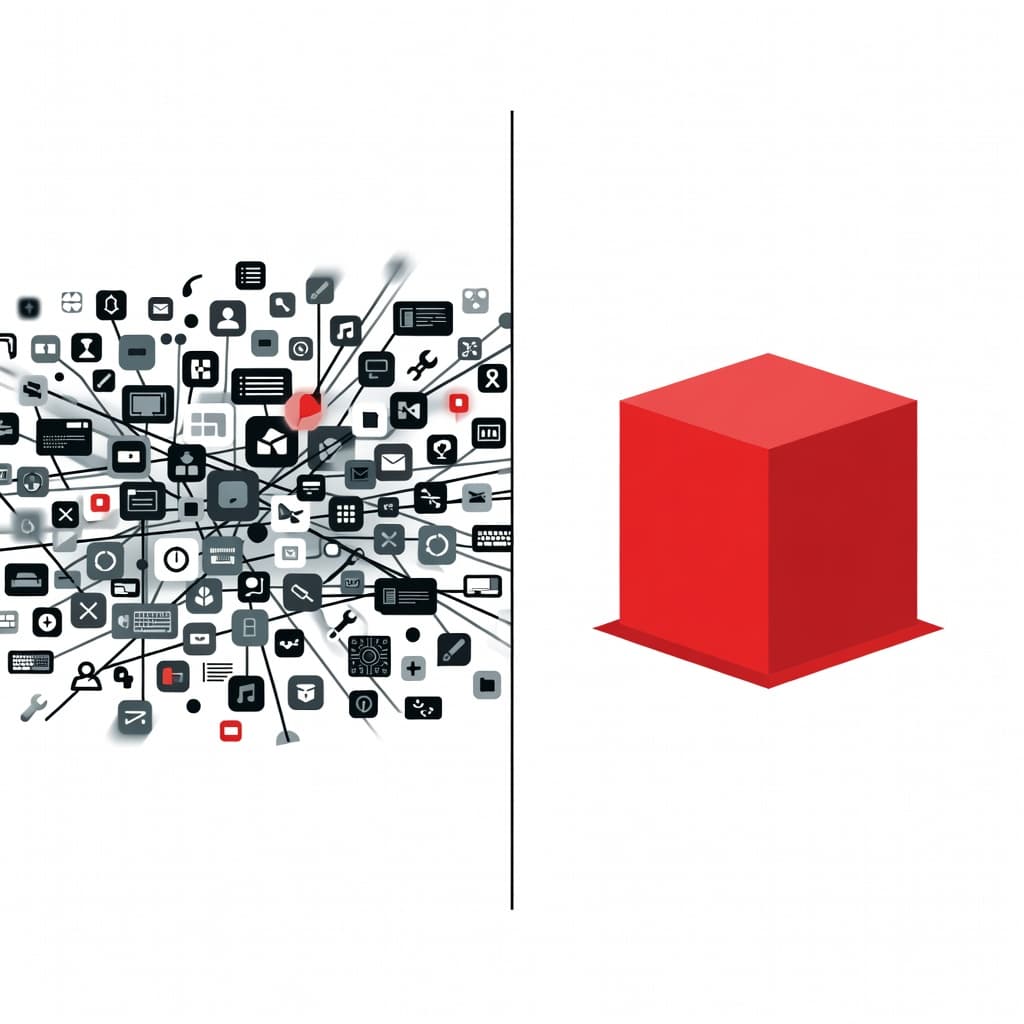 A split composition contrasts a chaotic cluster of digital icons and tangled lines on the left against a singular, solid red structural element positioned clearly on the right side.