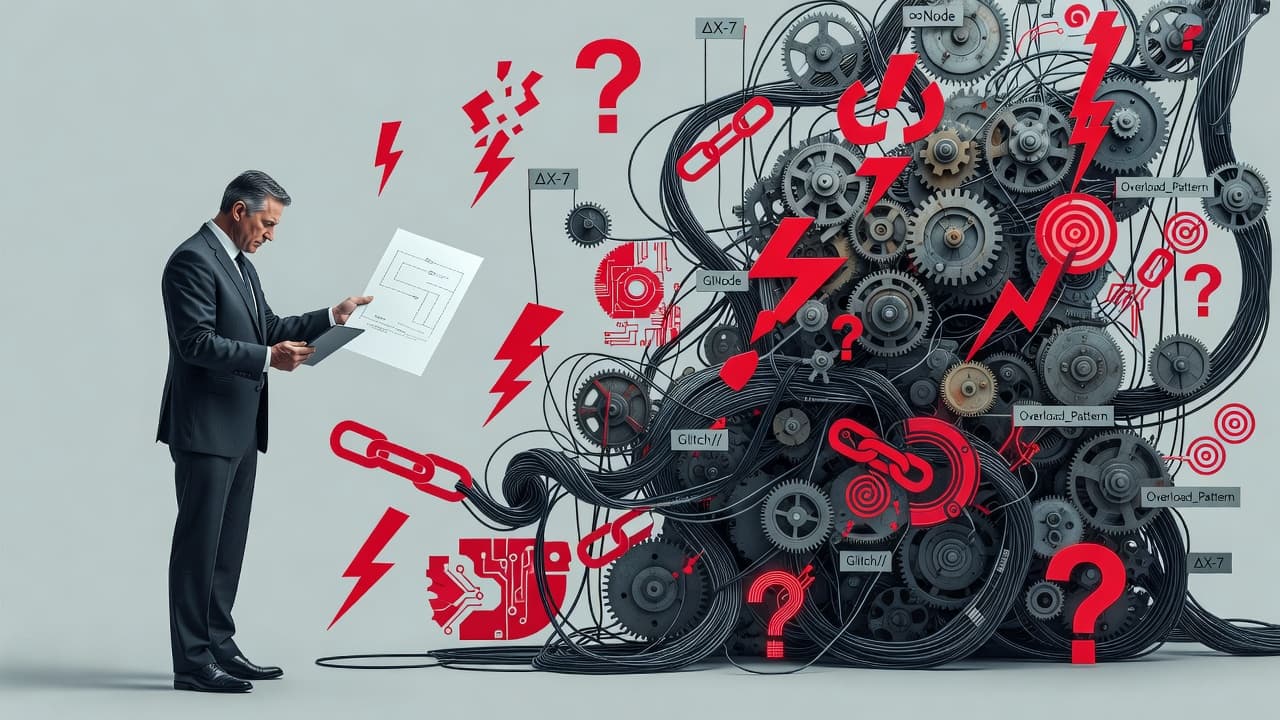 An executive in a suit examines a simple document while standing before a chaotic, oversized arrangement of tangled wires and interlocking gears. Bold red accents highlight the central structural mess.
