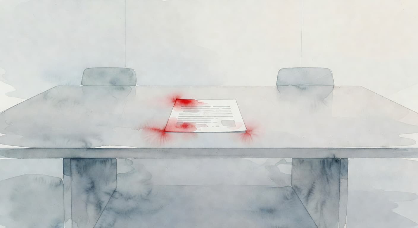 A soft watercolor illustration depicts an empty boardroom table featuring gentle brush textures and calm tones. A single document rests on the surface, highlighted by a bold splash of red ink.
