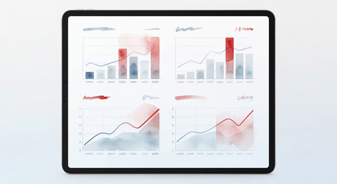 A watercolor tablet screen displays a clean analytical dashboard with simple abstract charts and vibrant red risk indicators. Soft brush textures and fluid blending create a professional and calm data interface.
