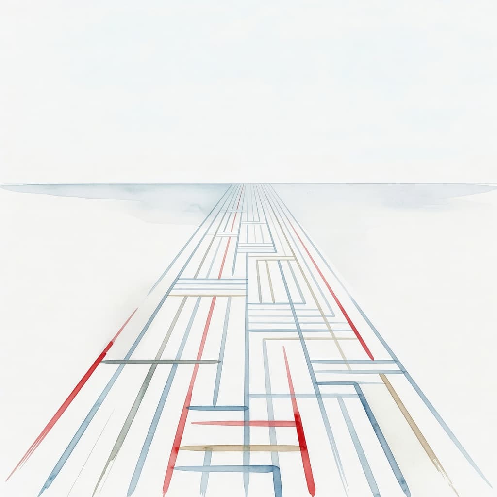 A minimalist watercolor scene features a smooth, light-toned path leading toward a soft, clear horizon. The composition uses visible brush textures and bold, saturated red strokes to define the landscape.