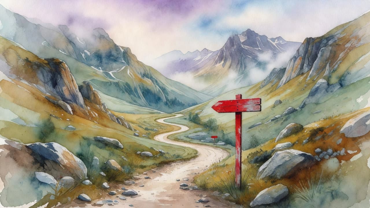 A soft watercolor painting depicts a winding mountain path through a misty valley. A solitary red signpost stands prominently in the foreground, marking a clear trail amid the gentle brushstrokes.