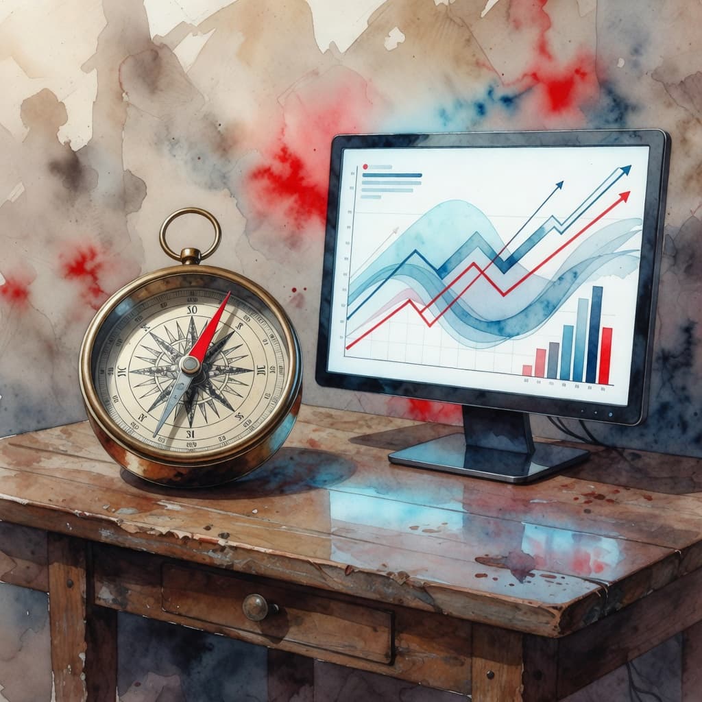A watercolor painting displays a brass compass sitting next to an illuminated computer monitor. Vivid red brushstrokes highlight the workspace, emphasizing a blend of traditional navigational tools and modern digital technology.