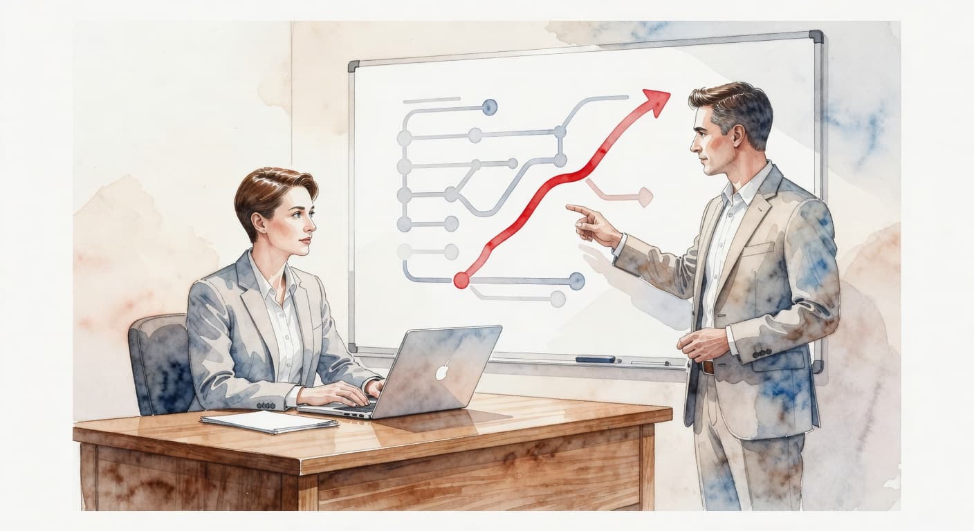 An executive sits at a wooden desk with a laptop while a consultant stands beside them. They focus on a whiteboard illustrating a visual roadmap with distinct red accent markers.