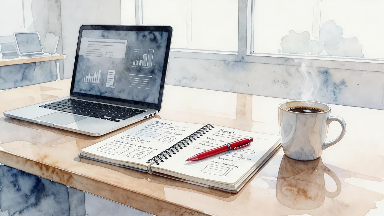 A clean workstation features a laptop, open notebook, and steaming coffee mug rendered in soft watercolor. Vivid red highlights draw the eye toward the organized equipment within this professional office setting.