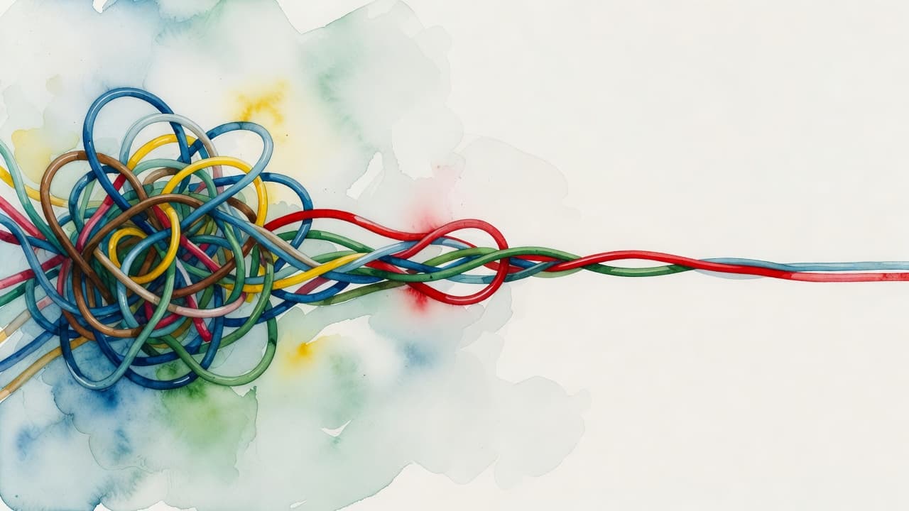 A watercolor painting depicts a chaotic, colorful knot of messy wires slowly being pulled into a clean, straight line. Soft brushstrokes blend the vibrant hues alongside sharp, bold red accents.