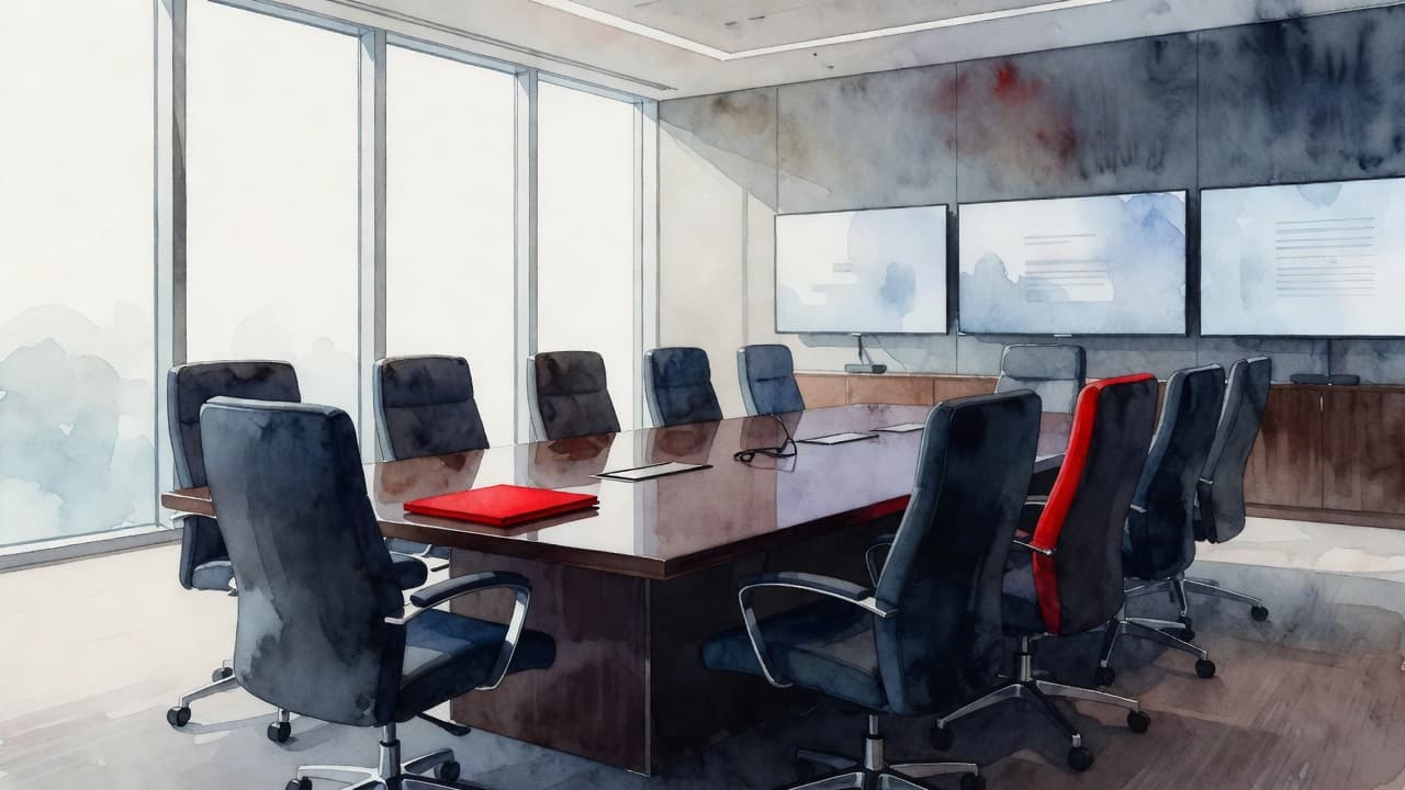 A spacious boardroom table sits under soft, natural light in this watercolor painting. Strong red accents highlight the architectural details against the visible brushstrokes of the textured artistic backdrop.