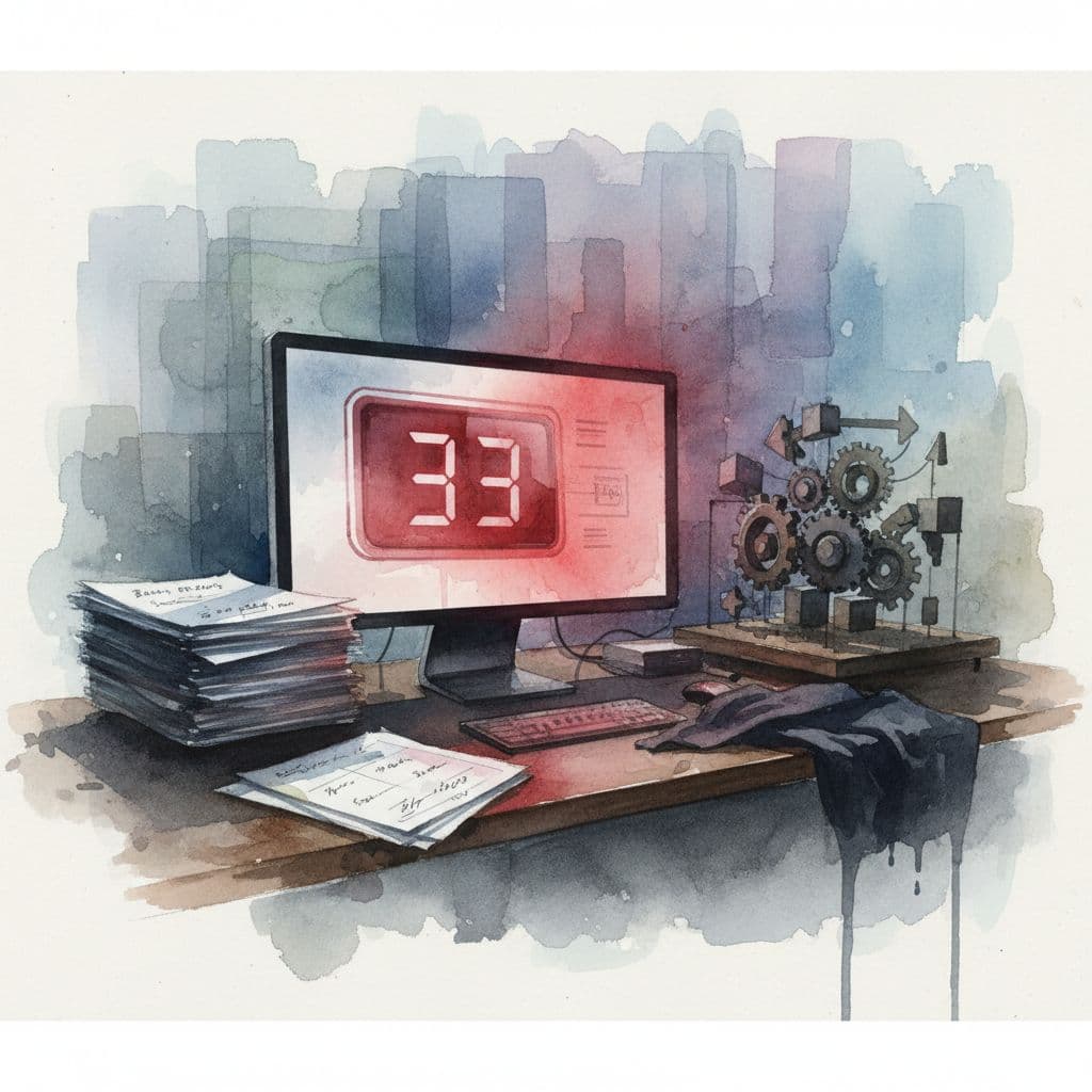 A watercolor desk scene displays a vibrant red numeric badge on a computer screen, while stacked business documents and an operations model remain obscured in the soft, blurred background shadows.