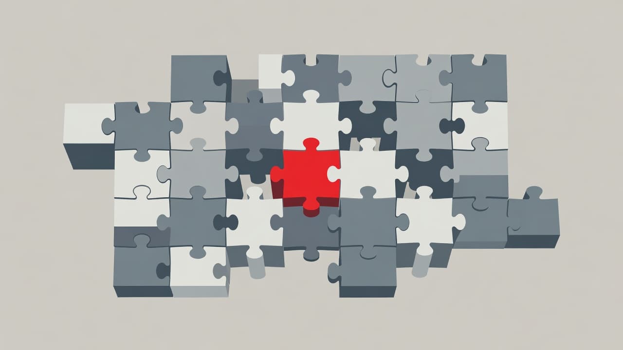 A single vibrant red puzzle piece aligns perfectly with a gap in a neutral grey structure. Soft geometric shadows enhance the depth of the interlocking shapes against a clean minimalist backdrop.
