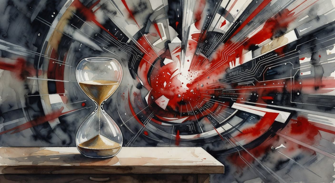 A calm, static hourglass sits upon a wooden desk, while the background erupts with sharp red jagged lines and blurred shapes that depict chaotic, rapidly moving digital security threats.