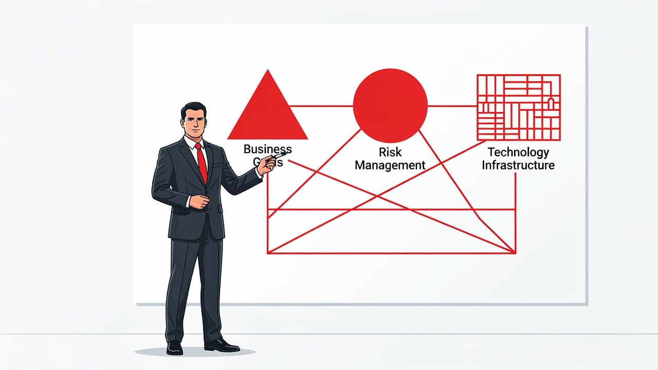 A professional leader stands beside a large whiteboard displaying a flow chart of connected shapes representing infrastructure and risk. The clean design uses bold red accents against a minimalist white background.