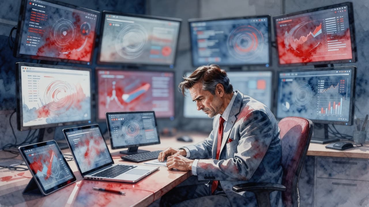 A watercolor portrait features a professional sitting at a desk with a laptop and tablet. Red streaks highlight a wall of glowing data screens, showing visible brushstrokes and soft color blending.