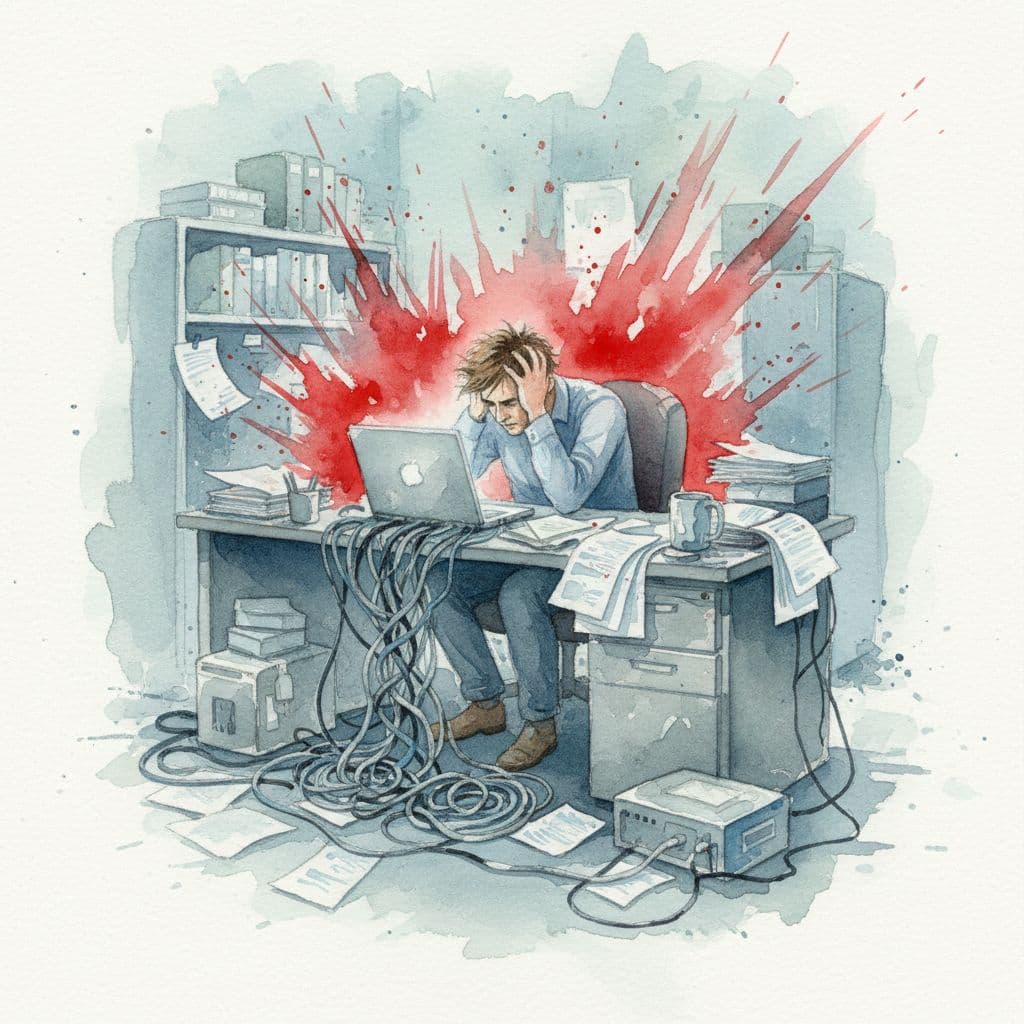 A lone worker sits at a cluttered wooden desk covered in scattered papers and tangled black cords. Soft watercolor brushstrokes define the person's overwhelmed expression while bold red accents highlight technology.