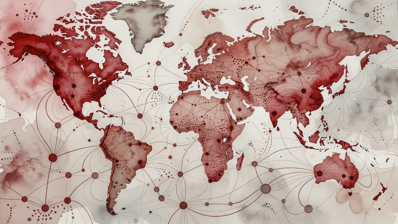 Interconnected nodes and thin lines form an intricate web against a neutral background. Soft watercolor textures in shades of deep red define the complex logistics and hidden digital risk pathways.