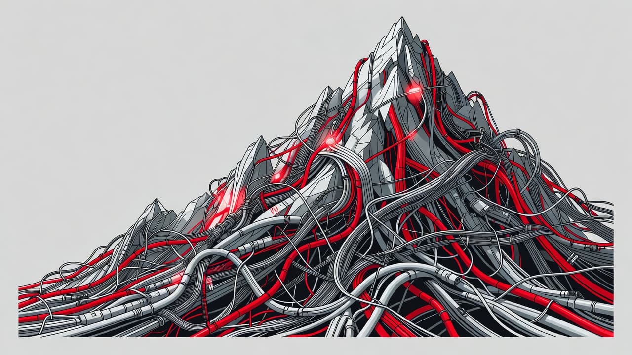 A chaotic mountain formed from intricate server cables and electronic wiring rises vertically. Vibrant red accent cables stand out against the cluster of dark cords set against a plain neutral background.