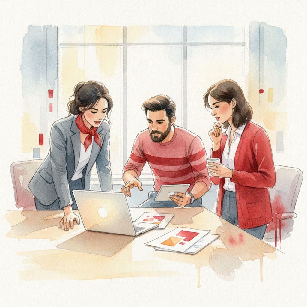 Three colleagues stand around a minimalist wooden table featuring one open laptop in a sunlit office. The scene is rendered in a soft watercolor style with prominent vibrant red accents throughout.