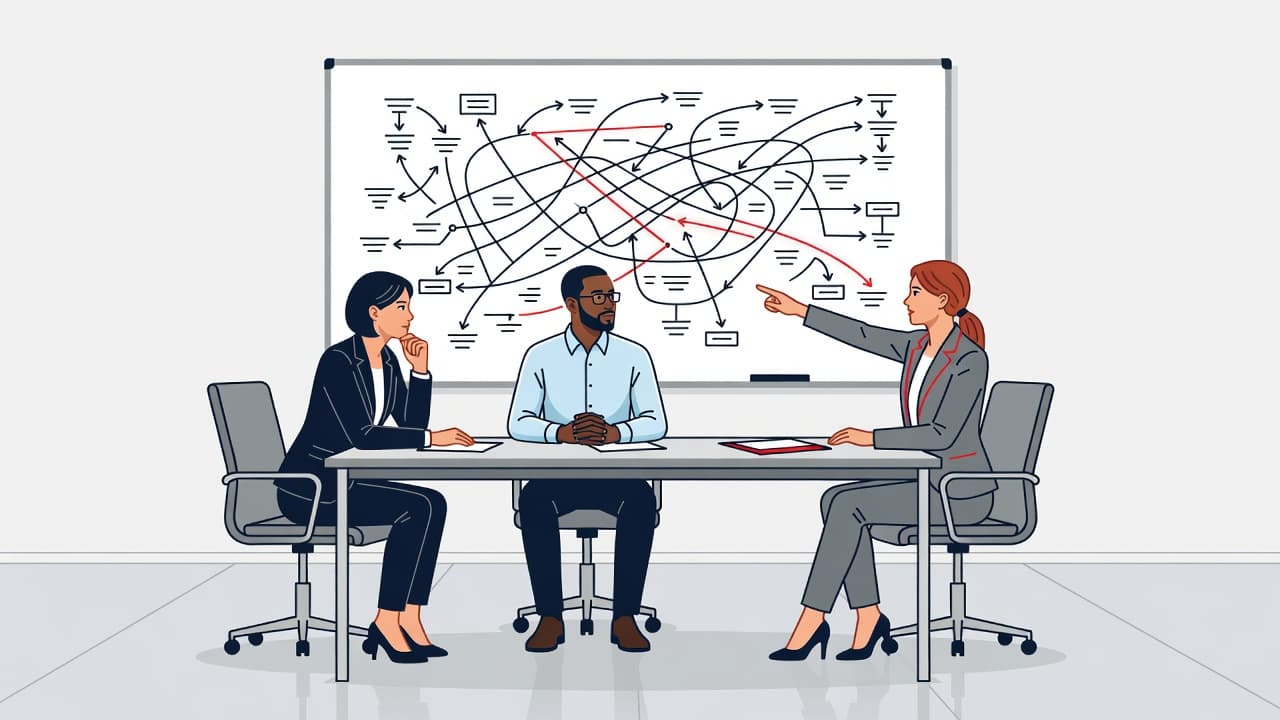 Three professionals engage in a strategic meeting within a minimalist office. One leader gestures toward a complex flow chart on a whiteboard while the others listen with focused, serious expressions.