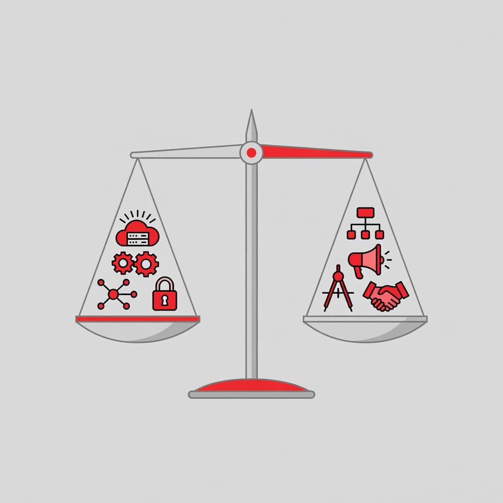 A minimalist balancing scale rests on a neutral surface with digital icons on one side and leadership figures on the other. Bold red accents highlight the equilibrium between these two assets.