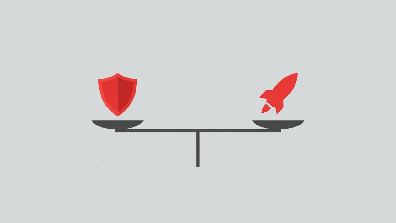 A minimalist graphic displays a red balancing scale set against a neutral backdrop. A protective shield sits on one side for security, while a rising rocket represents innovation and future growth.