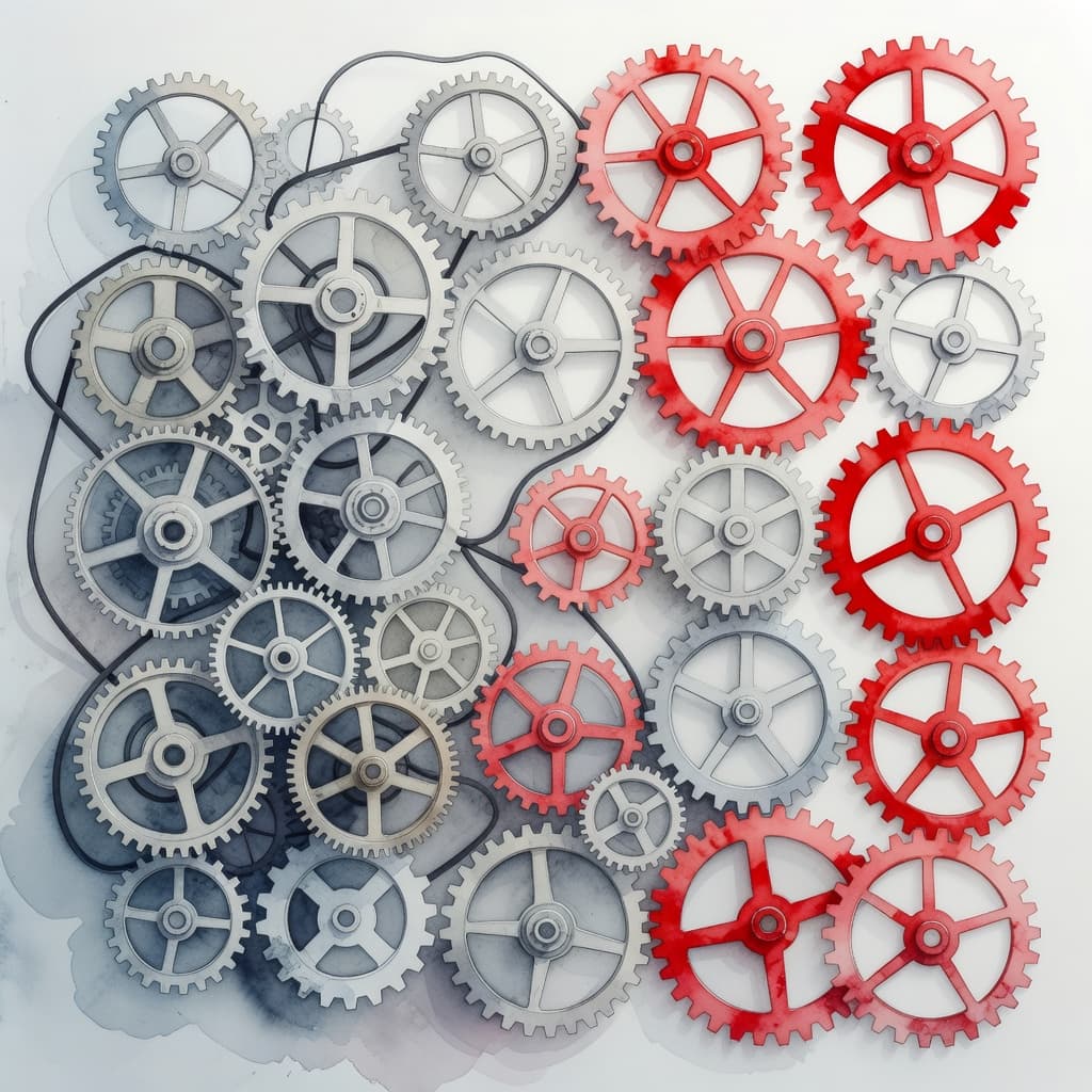 A minimalist watercolor illustration depicts metallic gears transitioning from a chaotic, tangled state into a perfectly aligned machine. A bold red accent highlights the shift toward operational clarity and strategic engineering.