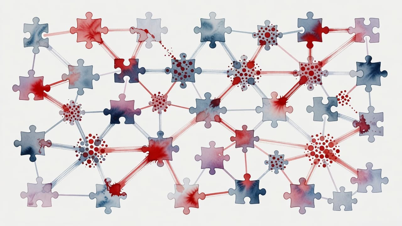 Watercolor puzzle pieces link together to form a complex digital web. Vibrant red nodes stand out against the muted palette, highlighting the intricate dependencies between various third-party software and infrastructure providers.