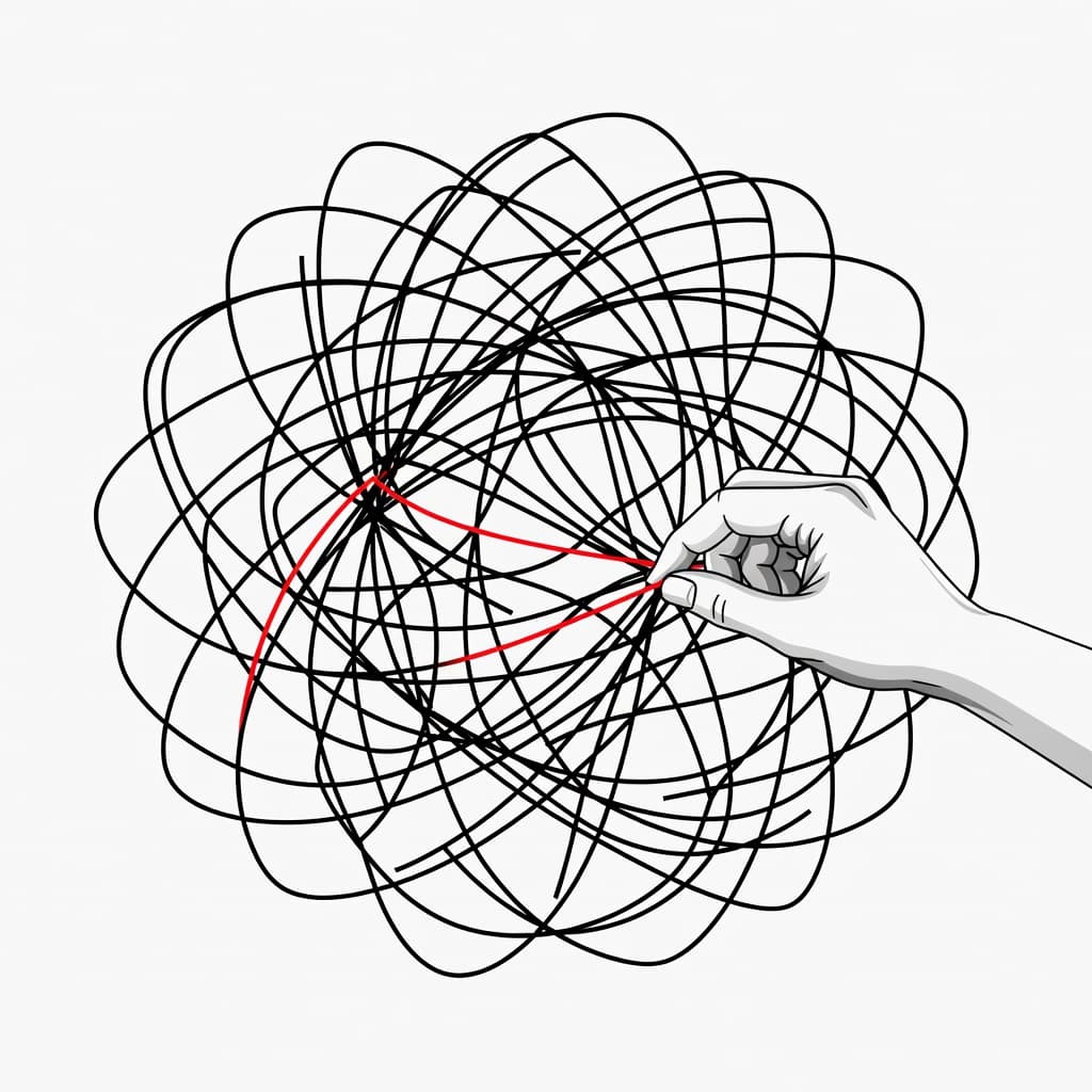 A professional hand gently pulls apart a dense, messy knot of tangled lines representing technology systems. The composition uses clean geometric shapes and a bold, saturated red accent to highlight progress.