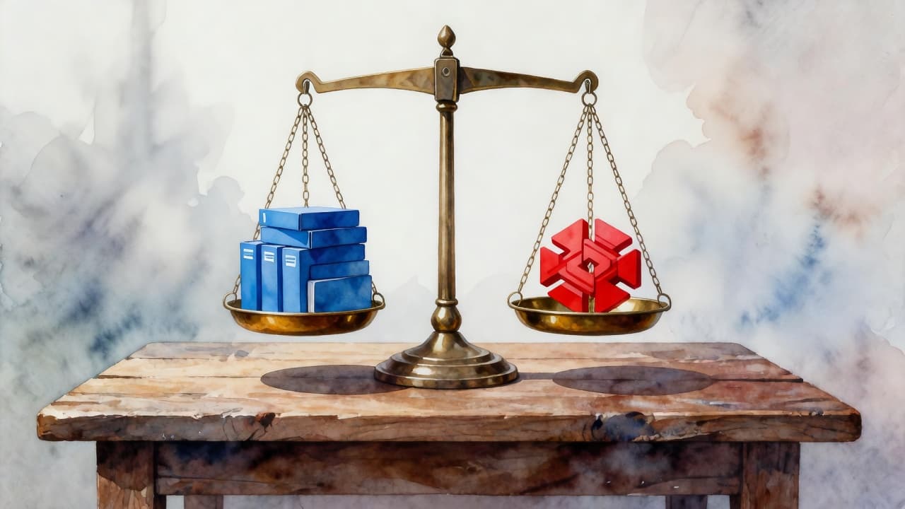 A watercolor painting depicts a rustic wooden balance scale sitting on a desk. A stack of blue boxes rests on one side, while a lone red software component tips the scale.