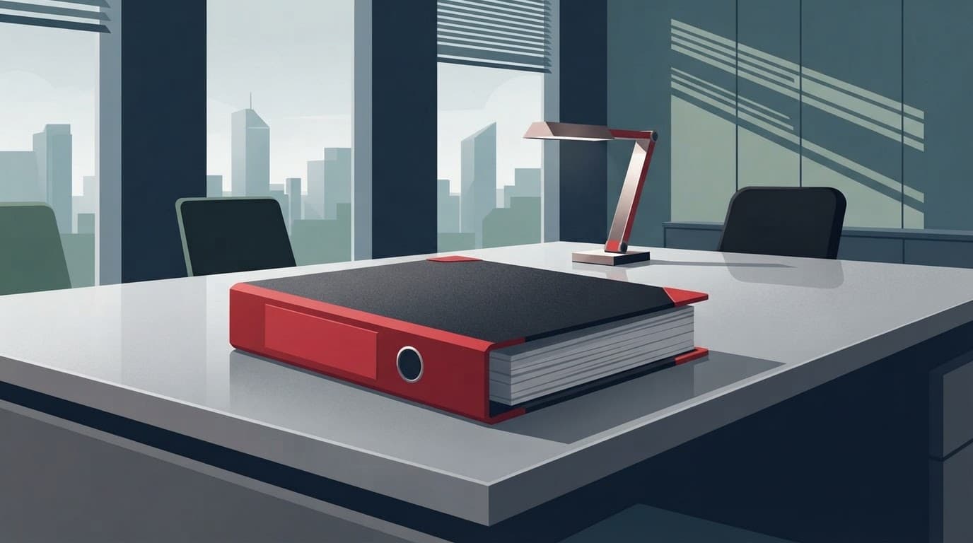 A thick red binder sits abandoned on a sleek office desk.