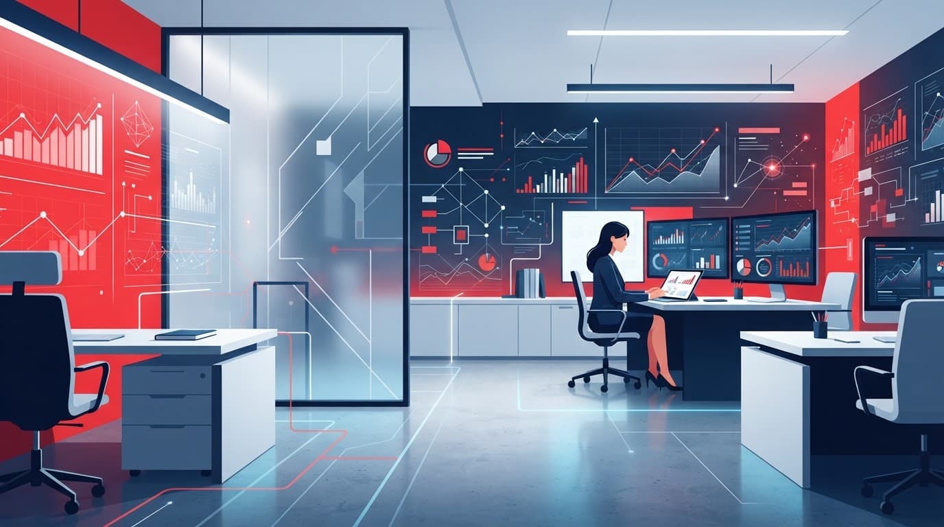 Minimalist finance workspace with digital data flows and a professional reviewing reports.