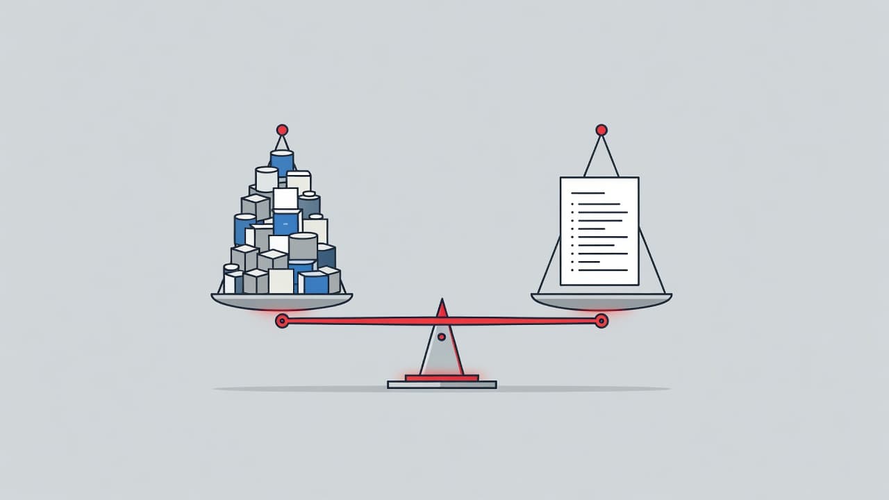 A minimalist balancing scale features software icons on one side and a clean document on the other. Bold red accents highlight the contrast between complex digital tools and structured business processes.