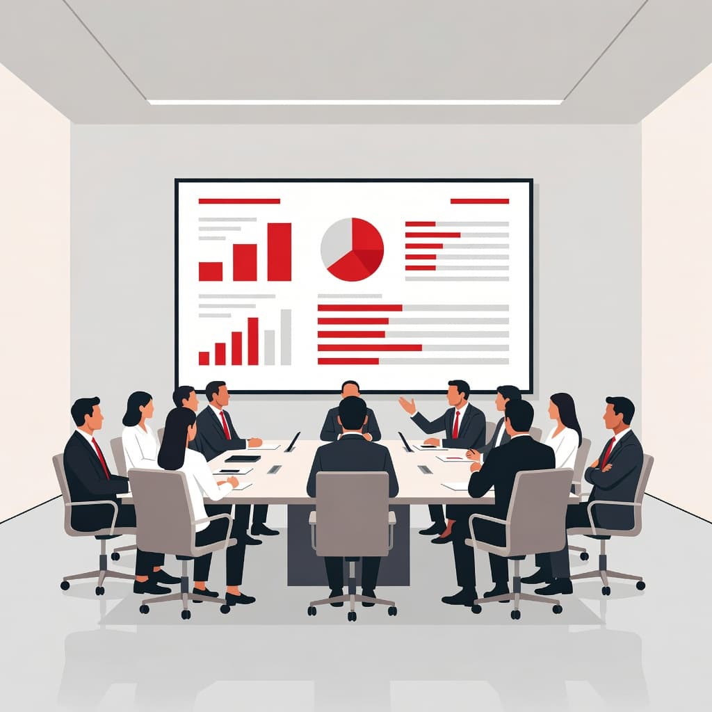 A sleek conference room features a large digital display showcasing simplified red analytics charts. Polished tables and minimalist chairs are arranged for high-level executives to conduct strategic privacy risk assessments.