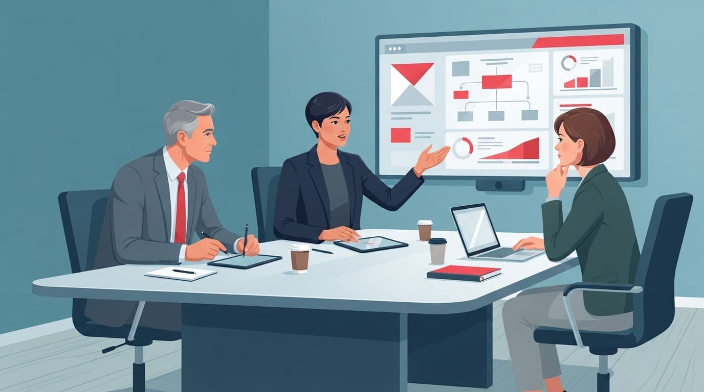Three executives sit at a conference table reviewing strategy in a modern illustration.