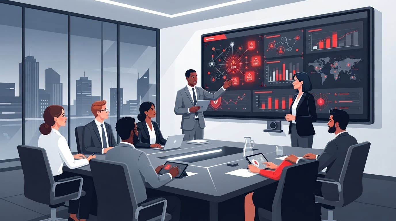 Executives reviewing security data on a large display in a modern boardroom.