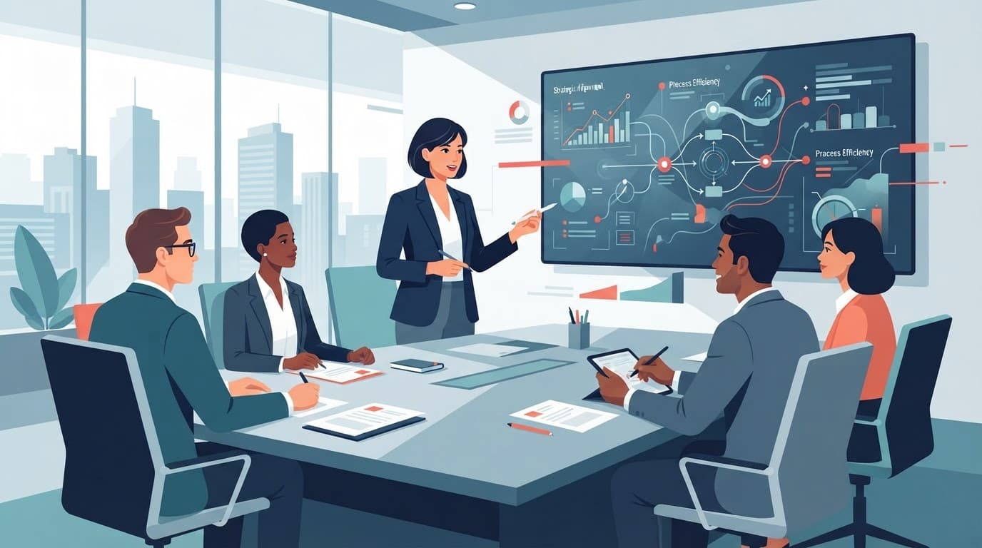 Business leaders collaborate around a boardroom table with subtle red accents.