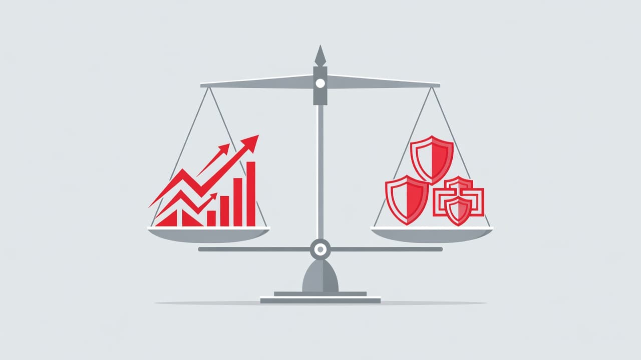 A minimalist scale holds abstract red growth charts on one side and protective shield icons on the other. This professional graphic displays the equilibrium between corporate development and cybersecurity investment strategies.