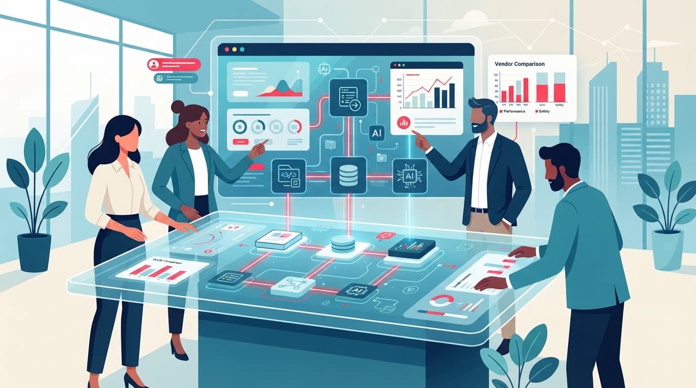 Vector illustration of a team reviewing business software integration metrics.