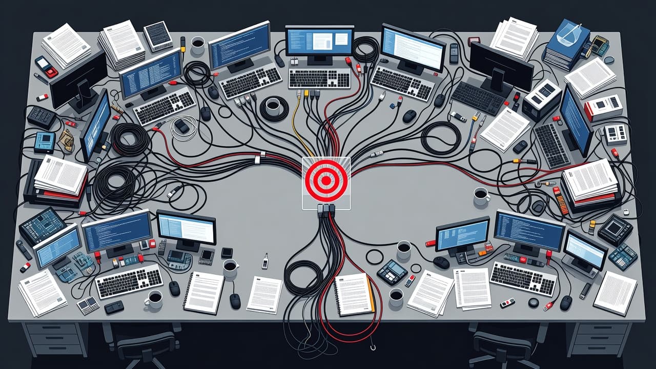 A messy desk covered in tangled wires leading to a bright red target in the center.